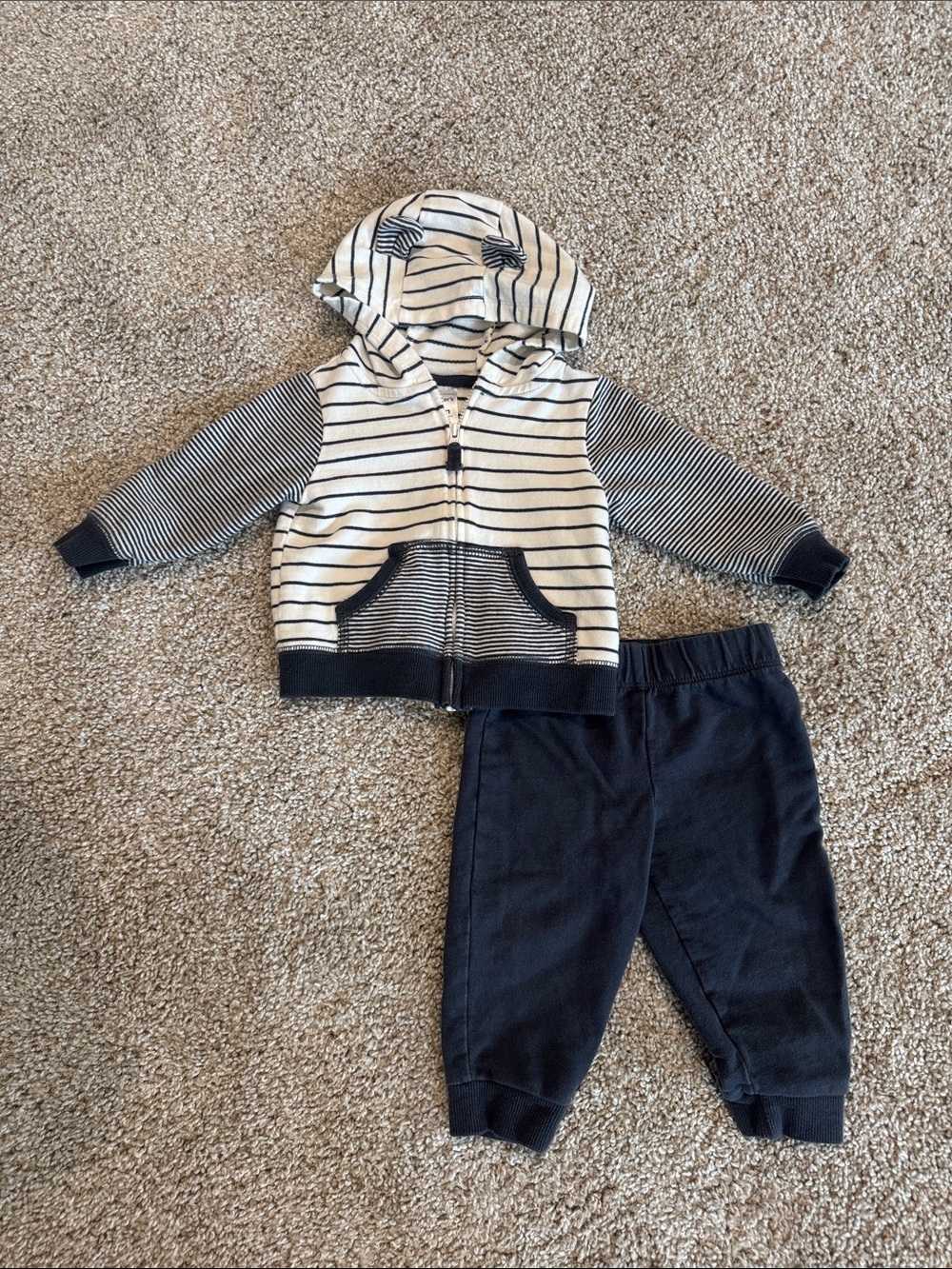 Carter's Cream & Navy Striped Hoodie with Navy Joggers - Kids
